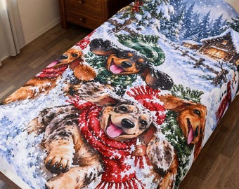 Perros salchicha de invierno en la nieve, manta de felpa navideña de terciopelo