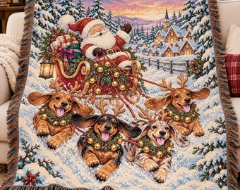 Manta tejida con escena de Papá Noel y perro salchicha con renos