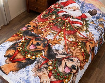 Manta de terciopelo con diseño de Papá Noel, renos y perros salchicha para Navidad.
