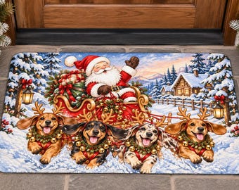 Felpudo con trineo de Papá Noel, renos y perros salchicha / Escena navideña de invierno