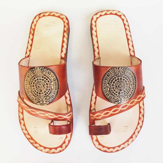 Huarache Sandals Mexico Sandals /& Flip Flops Brown Leather Mens Aztec Calendar