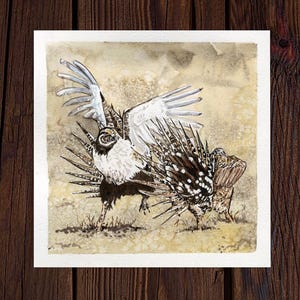 May include: Watercolor painting of two birds in a natural setting. One bird is in mid-flight with white wings spread, while the other stands with its feathers displayed. The artwork features a neutral color palette with brown, white, and black tones.