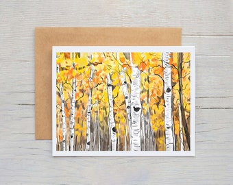 May include: A watercolor painting of a forest of birch trees with yellow leaves. The trees are white with black markings and the leaves are a bright yellow.