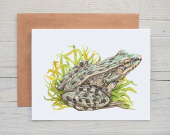 Tarjeta de felicitación con acuarela de rana leopardo del sur: tarjeta botánica en blanco