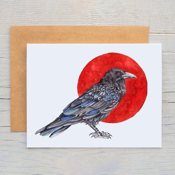 Raven Greeting Card, blank Raven notecards, blank Raven Greeting Card, Wildlife notecards, Raven Halloween card, blood moon raven card