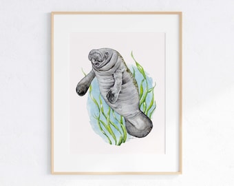 Manatee Watercolor Art Print: Florida Marine Animal Illustration