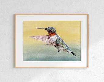 Ruby-Throated Hummingbird Giclee Print: Watercolor Bird Art