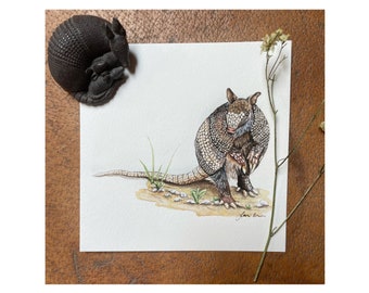 Nine-banded Armadillo Watercolor Illustration: Original 6x6" Painting