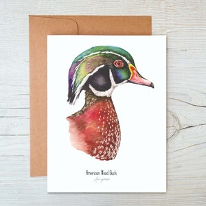 Cartão de pato de madeira, notecards de pato de madeira, cartões de nota de pato, cartão de vida selvagem, ilustração de pato de madeira, cartão em branco de pato, pato selvagem