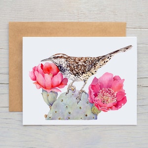 Tarjeta de felicitación Cactus Wren, tarjetas de notas de vida silvestre, tarjetas de notas Cactus Wren, tarjetas de notas de Arizona, ilustración, tarjeta en blanco de cactus, regalos de Arizona