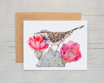 Cactus Wren Greeting Card, wildlife notecards,  Cactus wren notecards, Arizona notecards, illustration, Cactus Blank Card, Arizona gifts