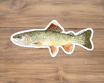 May include: A watercolor illustration of a cutthroat trout, a type of fish native to the western United States. The fish is depicted in a realistic style, with detailed markings and colors. The illustration is signed "L.K. Elder" in the lower right corner.