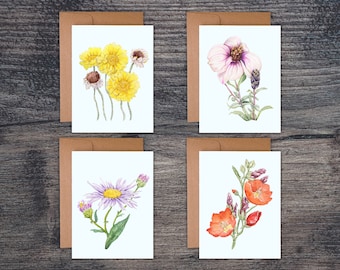 Tarjetas de felicitación botánicas con acuarela de flores silvestres