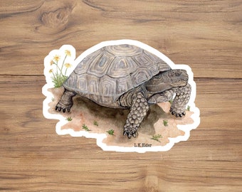 May include: A sticker featuring a detailed watercolor illustration of a desert tortoise. The tortoise is depicted in shades of gray and brown, with a textured shell and detailed legs. Small yellow flowers and sparse vegetation are also included.