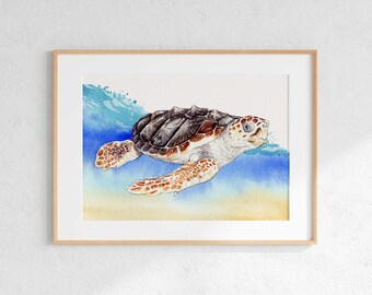 Watercolor Loggerhead Sea Turtle Giclee Print: Florida Art