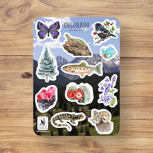 May include: A sheet of stickers featuring various illustrations of Colorado wildlife and nature. The stickers include a butterfly, a turtle, a fish, a bird, a flower, a crystal, a cactus, a mountain lion, a ram, and a pine tree. The stickers are all white with black outlines and are printed on a white background. The sheet is labeled "Colorado" with the text "Cute Animal Stickers".