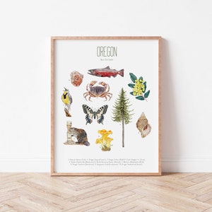 Oregon State Symbols Print, Oregon State Symbols Typology, Oregon Wall Art, Oregon flora fauna, Oregon Decor, Oregon Art, Oregon painting