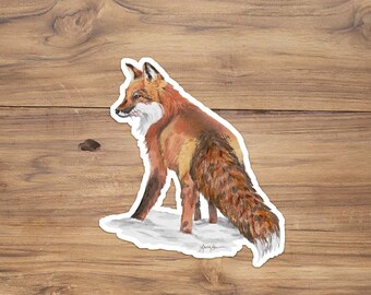 May include: A watercolor painting of a red fox with a bushy tail standing on a snowy background.