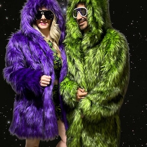 Knee Length Hologram Faux Fur coat | Jacket REVERSIBLE |Burning man Festival custom unisex