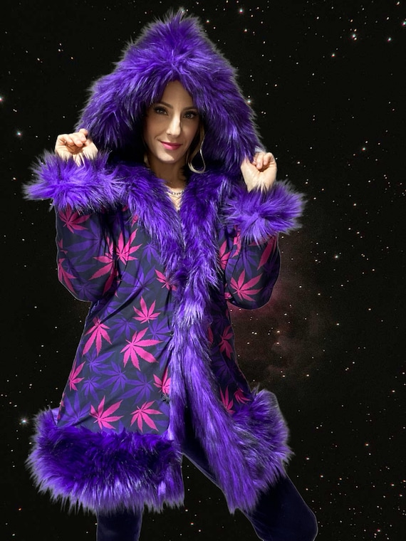 Purple Faux Fur Coat | REVERSIBLE Marijuana Print |burning Man
