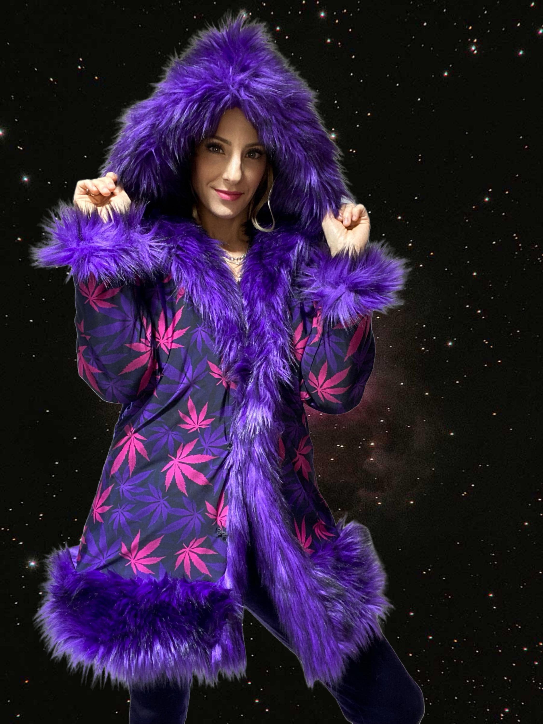 Purple Faux Fur Coat | REVERSIBLE Marijuana Print |burning Man
