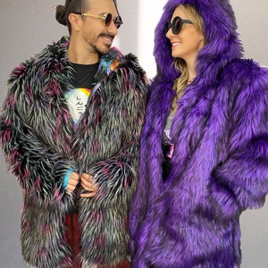 Mid Thigh Length Hologram Faux Fur coat | Jacket REVERSIBLE |Burning man Festival custom unisex