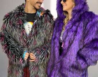 Mid Thigh Length Hologram Faux Fur coat | Jacket REVERSIBLE |Burning man Festival custom unisex