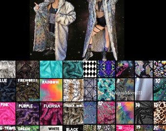 May include: A long, hooded coat featuring a reflective, geometric grid pattern and a thick, faux fur trim. The image includes a collage of twenty fabric swatches displaying various colors, textures, and patterns, including faux fur and holographic designs.