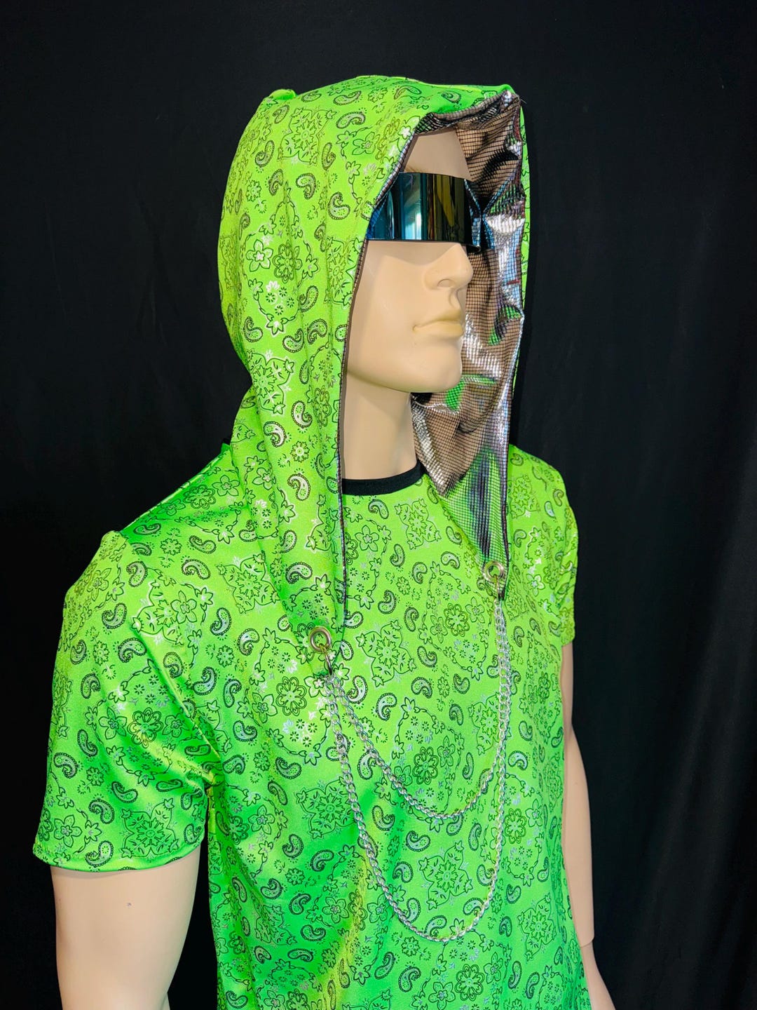 Neon Green Paisly & Silver Rave HOOD Reversible Scarf Burning Man ...