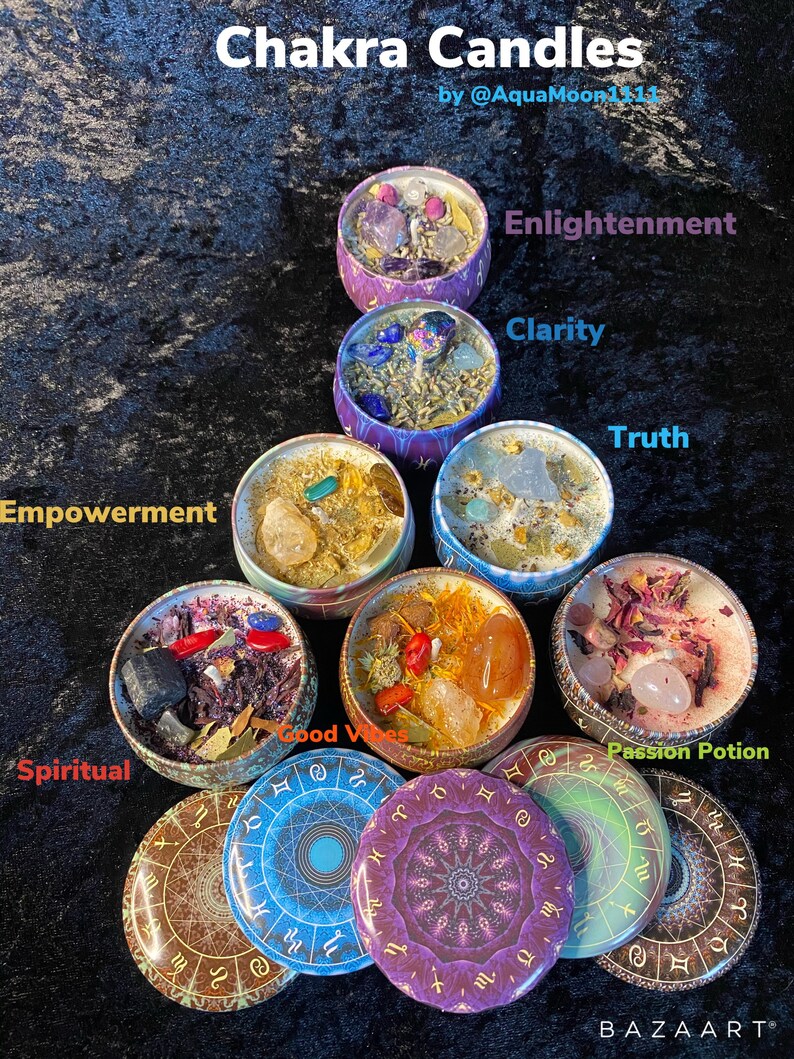 May include: Seven chakra candles in metal tins with various crystals and herbs inside. The lids of the candles feature a mandala design with zodiac symbols. The candles are labeled with the names of the chakras: Root, Sacral, Solar Plexus, Heart, Throat, Third Eye, and Crown.