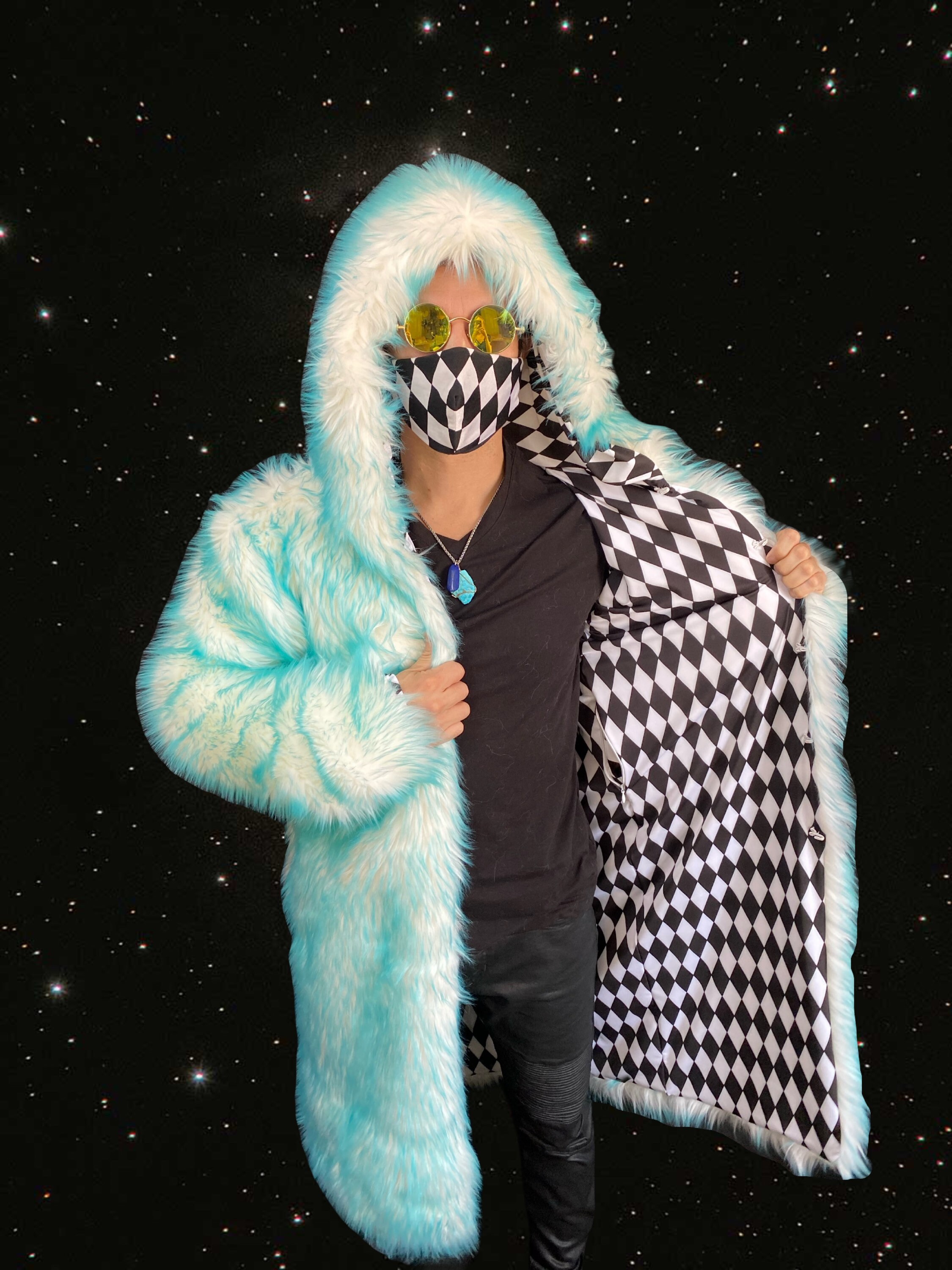 【THINK FUR】Popcorn Fur Raglan Jacket Purple Holographic Reversible Spiky Monster Faux Fur Crop