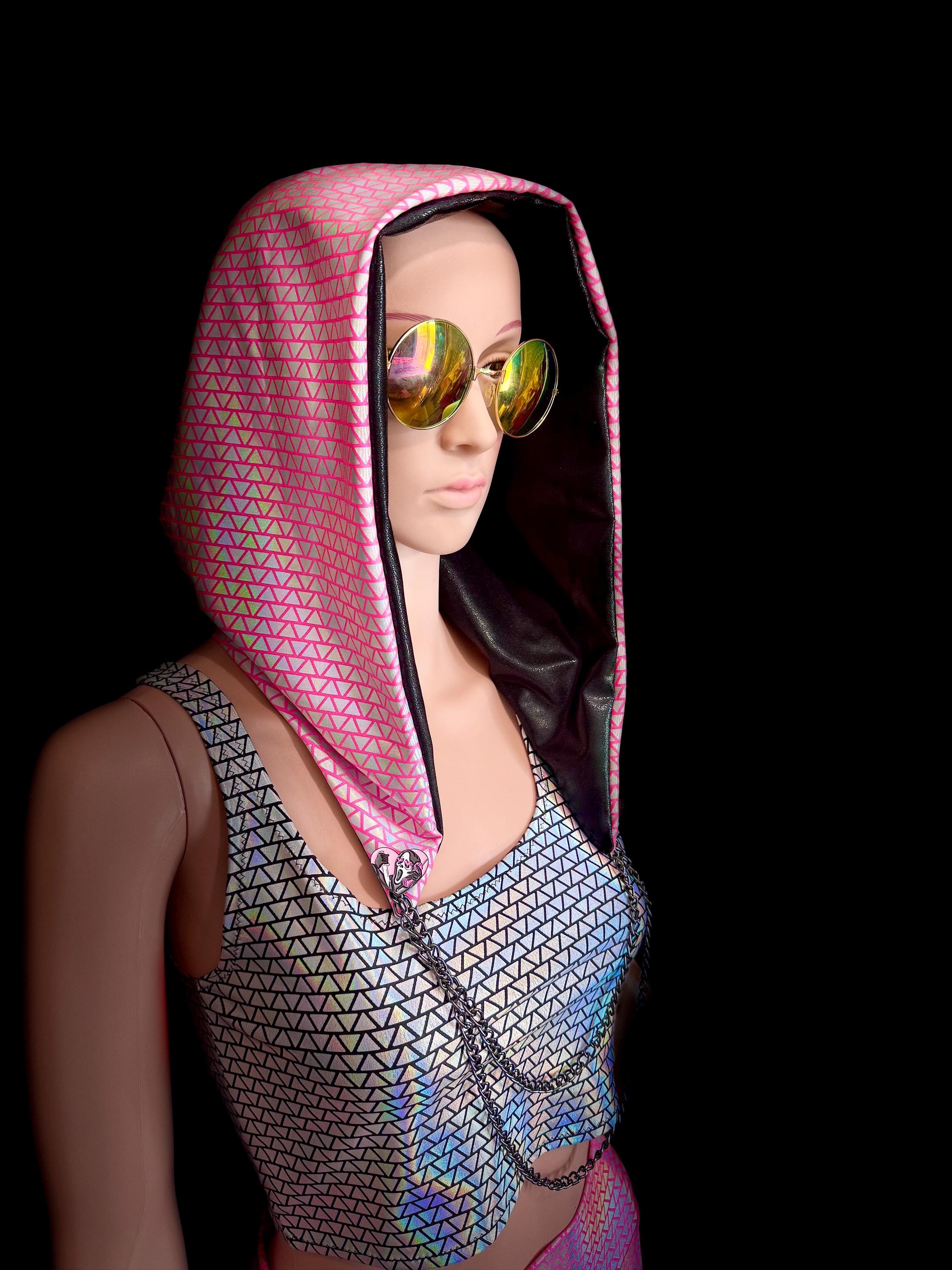 Red & Gold Sequin Dragon Scale Rave Hood Chain Sparkly Reversible Hat Festival The Royalty Fluffe Coat ?✨ For the kings and queens who  main image 2