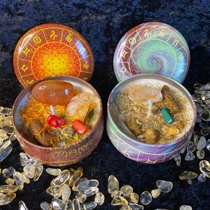 7 Chakra Candle Set: Crystal & Herb Infused, Essential Oils, Zodiac Tins image 2