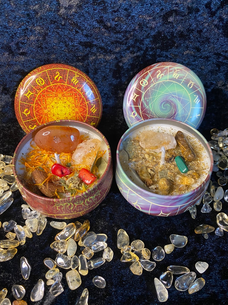 7 Chakra Candle Set: Crystal & Herb Infused, Essential Oils, Zodiac Tins image 2