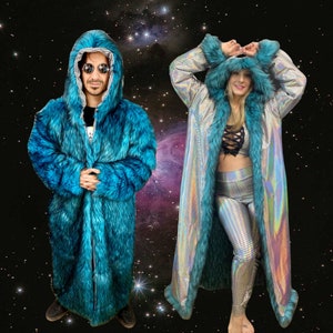Benutzerdefinierte Türkis Kunstpelz In voller Länge Mantel | Jacke REVERSIBLE |Burning man| Hologramm unisex Teal