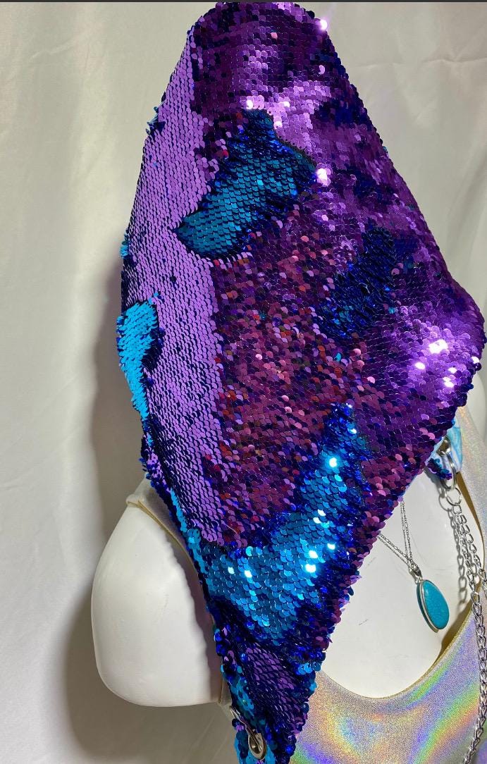 Teal Blue & Purple Sequin Rave Hood w/ Chain, Sparkle Reversible Hat Festival Adela Boutique Mermaid Sequin Rave Hood Sparkly Reversible  main image 4