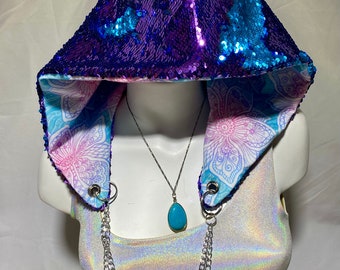 Lotus Flower Flip sequin hoodie scarf hood REVERSIBLE burning man festival gear Purple & teal
