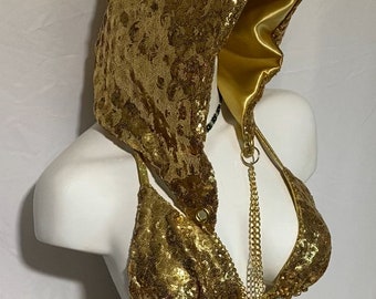 Gold Sequin Rave Hood with chains Unisex