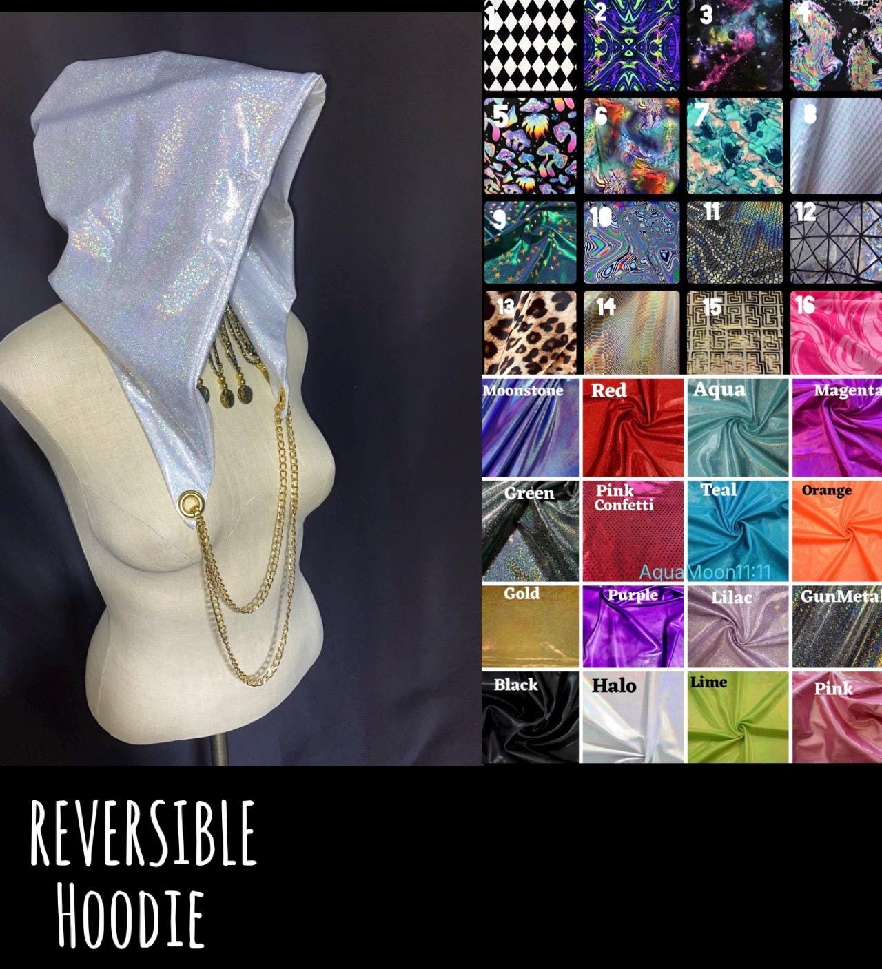 Red & Gold Sequin Dragon Scale Rave Hood Chain Sparkly Reversible Hat Festival The Royalty Fluffe Coat ?✨ For the kings and queens who  main image 3