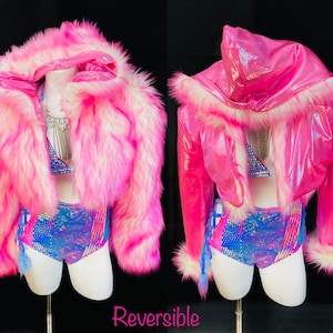 Candy Crop fur coat waist length REVERSIBLE |Hologram Jacket Burning man Festival rave ombré | multi colors