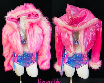 Candy Crop fur coat waist length REVERSIBLE |Hologram Jacket Burning man Festival rave ombré | multi colors
