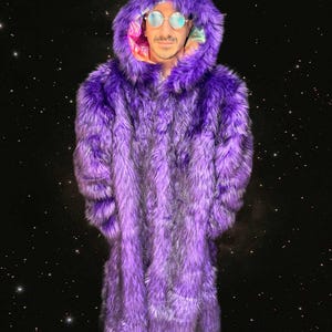 Custom Purple Husky Faux Fur Full length coat | Jacket REVERSIBLE |Burning man| Hologram unisex