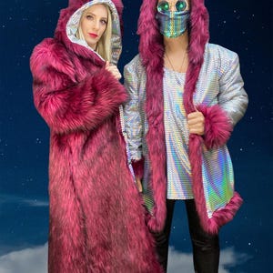 Fuchsia Faux Fur Full length coat | Jacket REVERSIBLE |Burning man| Hologram unisex Pink