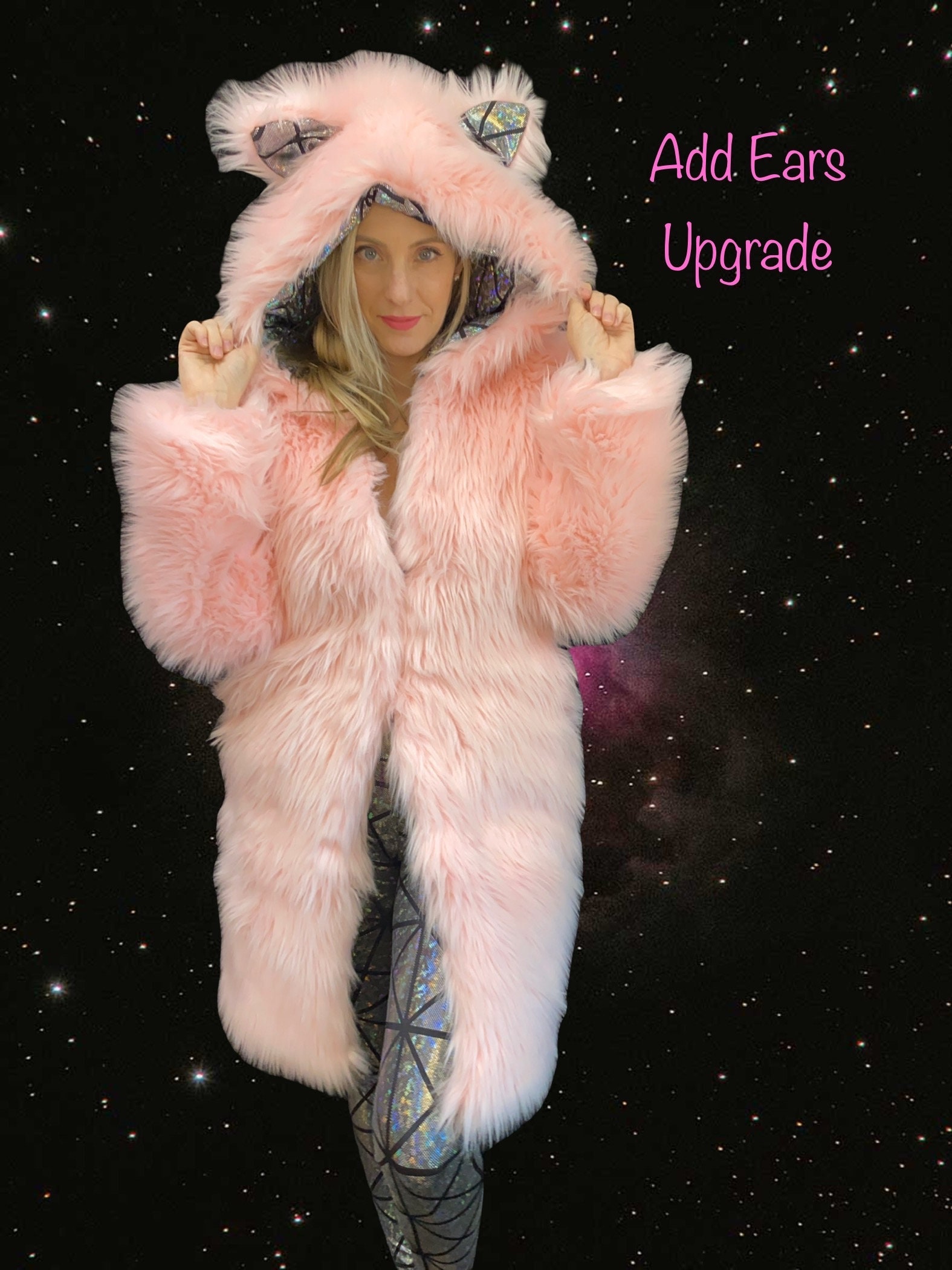 Knee Length Hologram Faux Fur Coat | Jacket REVERSIBLE |burning