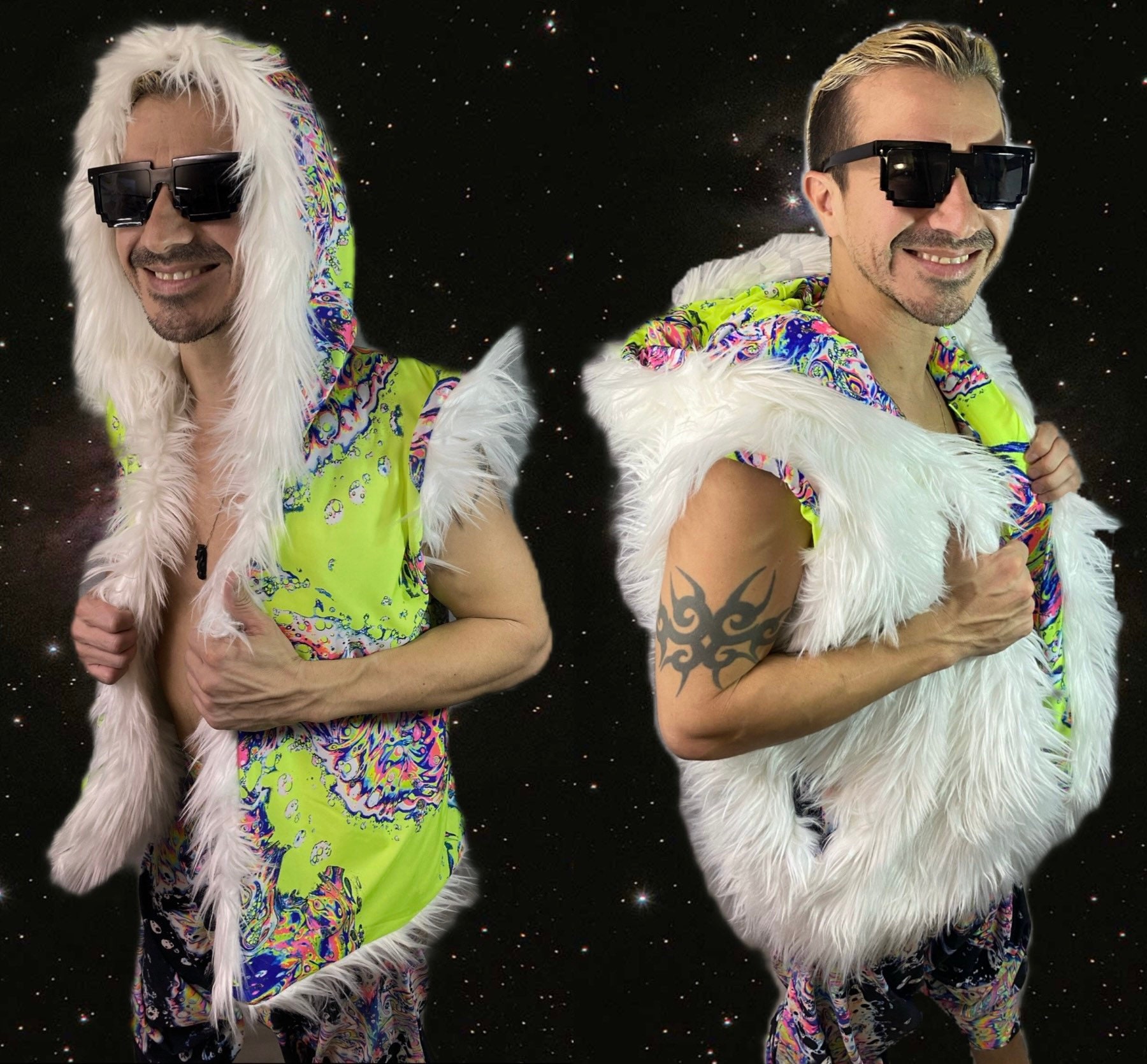 Neon Yellow Acid White Faux Fur Vest 