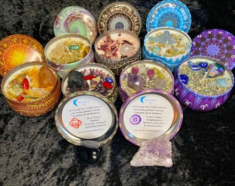 7 Chakra Candle Set: Crystal & Herb Infused, Essential Oils, Zodiac Tins