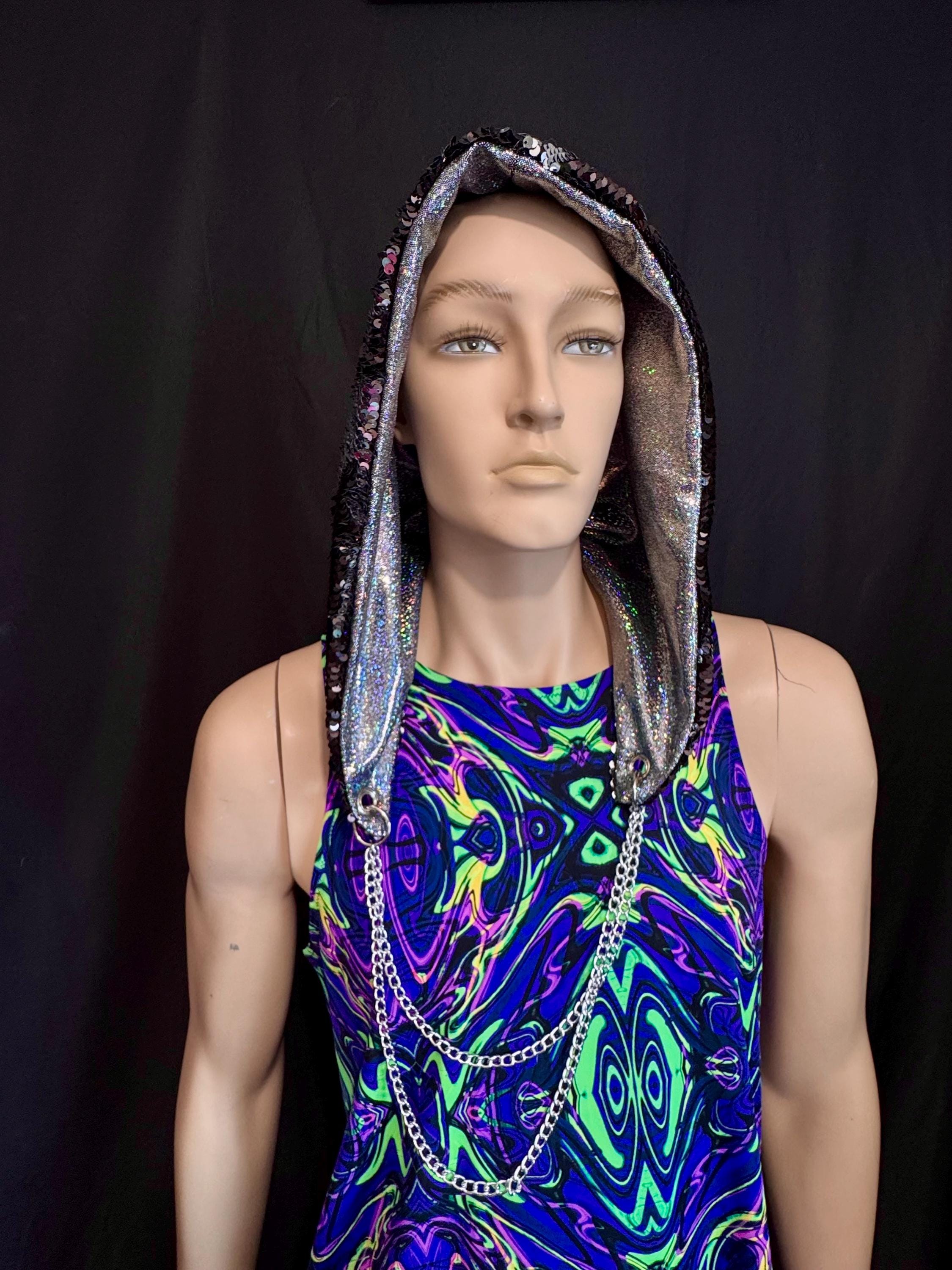 Teal Blue & Purple Sequin Rave Hood w/ Chain, Sparkle Reversible Hat Festival Reversible Sequin Tube Top in Violet/Black Hologram Rave  main image 4