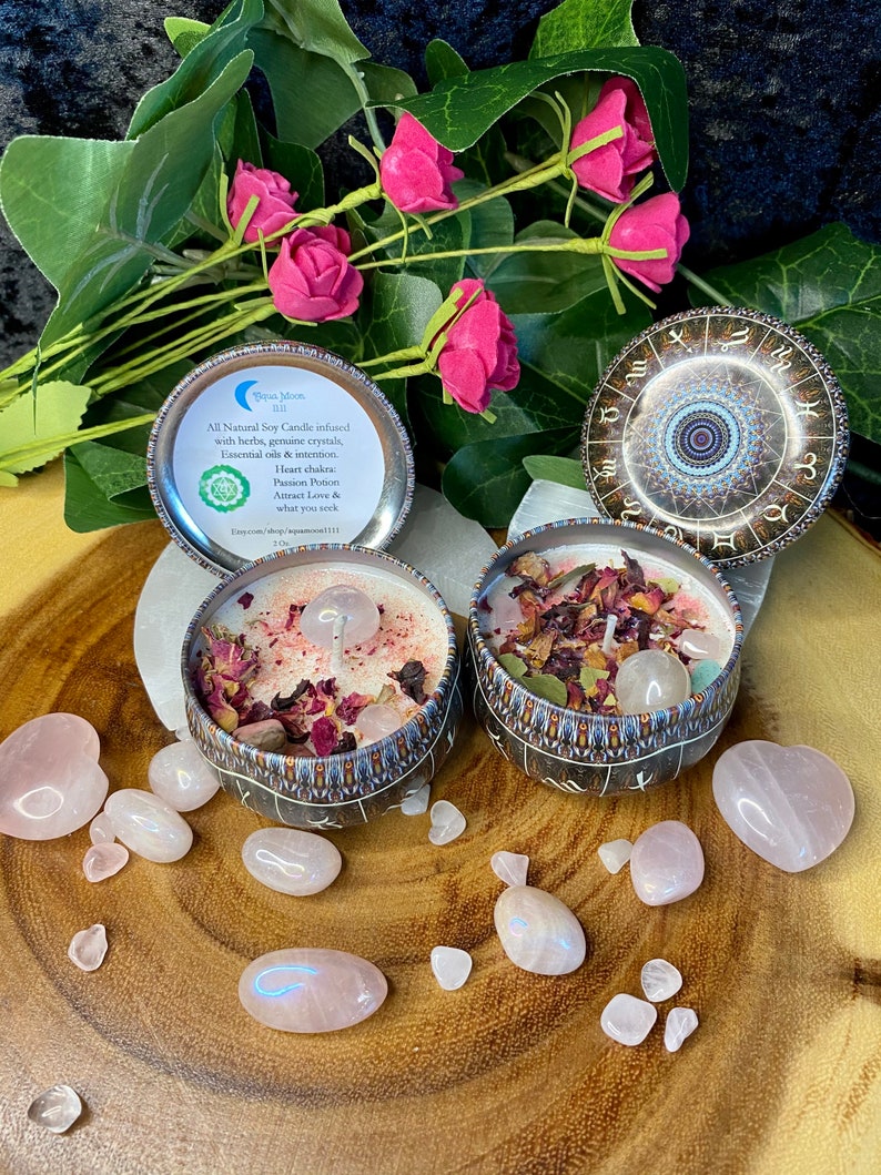 7 Chakra Candle Set: Crystal & Herb Infused, Essential Oils, Zodiac Tins image 7