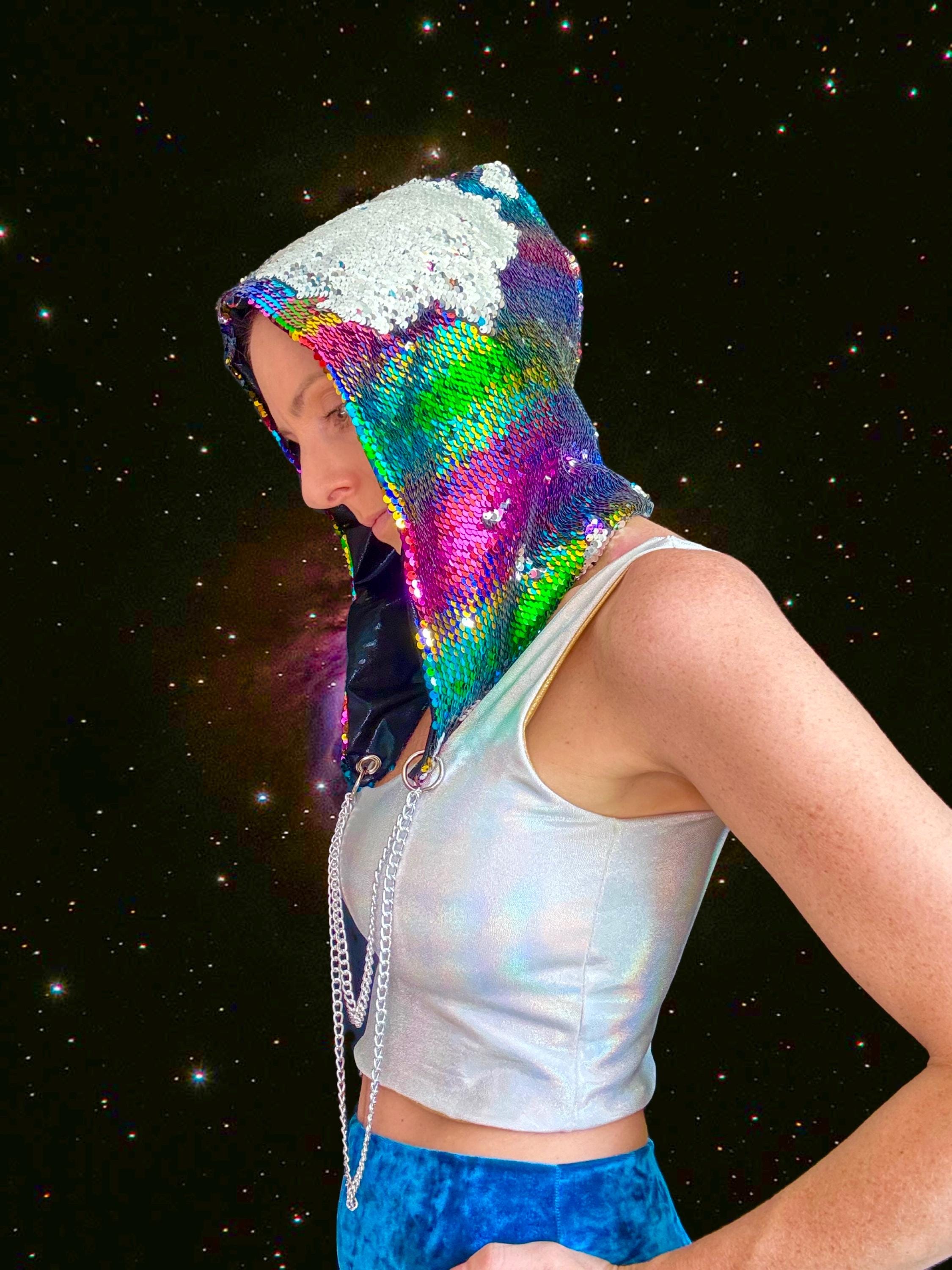 Handmade Light Up Blue & Silver Rave Festival Hood With Silver Chain Rave Pashmina With Hood - Etsy main image 2