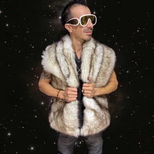 White & Brown Wolf Faux Fur Vest REVERSIBLE Burning man Festival | unisex Small RTS